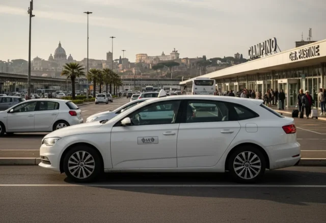 White taxi from Ciampino Airport to Rome city center